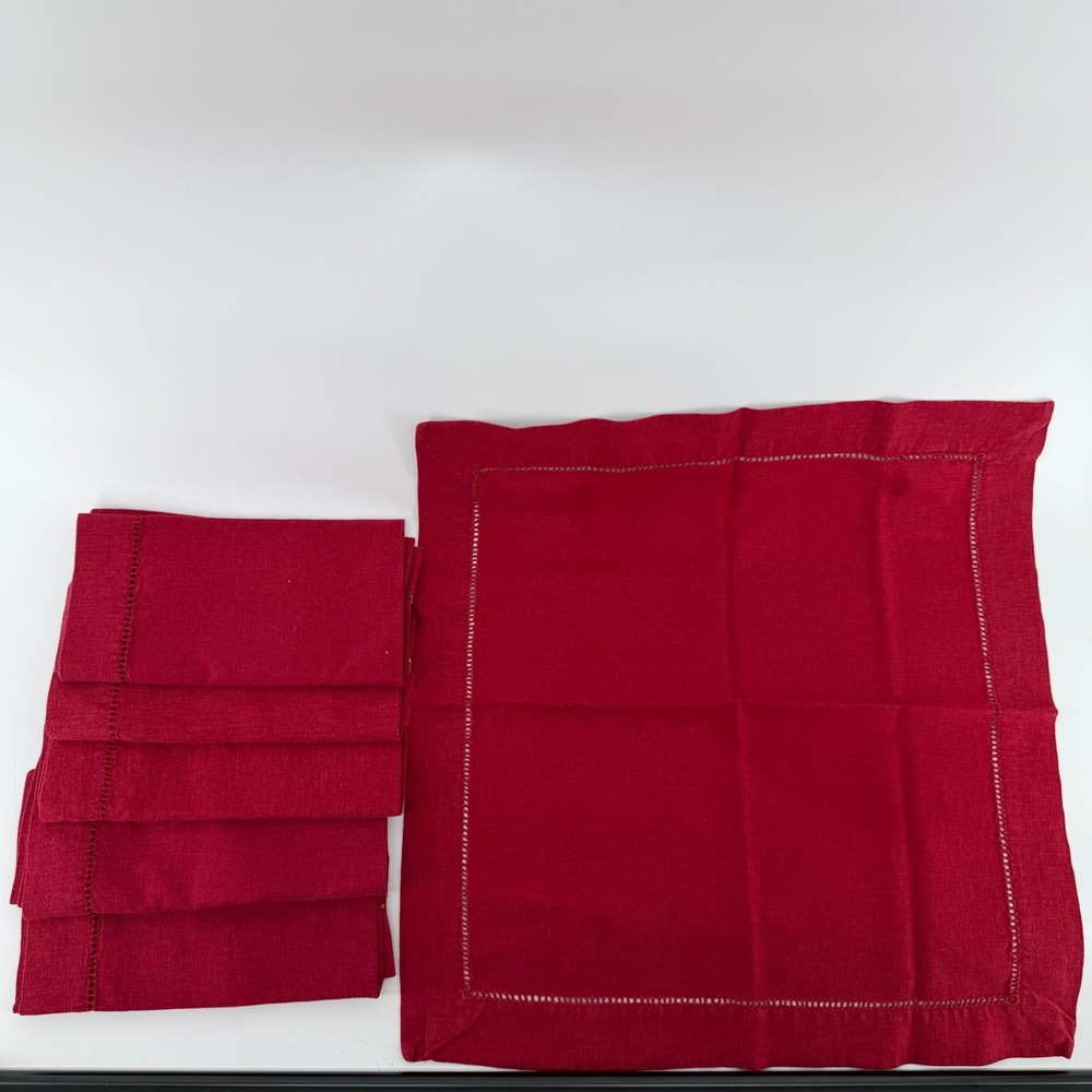 Fieldcrest Classic Red Hemstitch Linen Blend Napkins Set of 6 Square 18x18